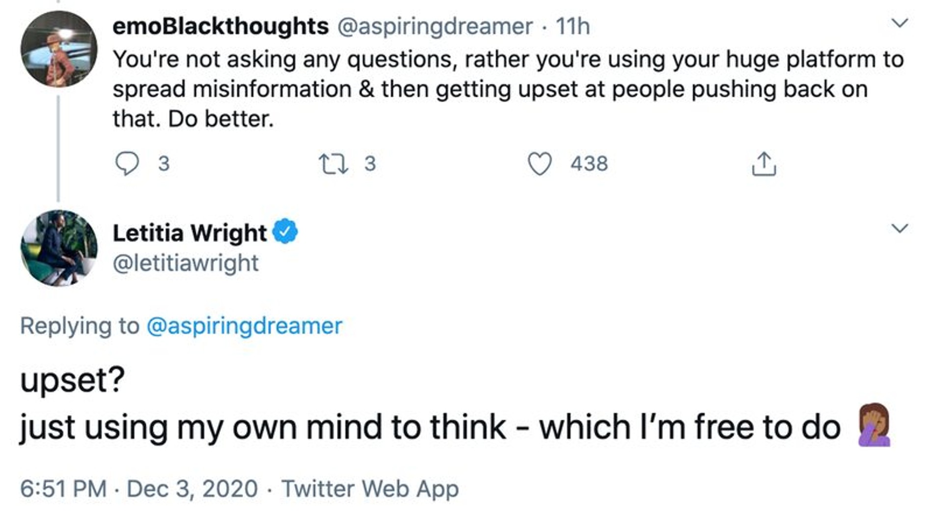 — Ты не задаешь вопросы. Ты используешь свою платформу, чтобы дезинформировать людей, а потом расстраиваешься, что люди так реагируют.
— Расстраиваюсь? Я просто думаю своей головой, на что имею право.