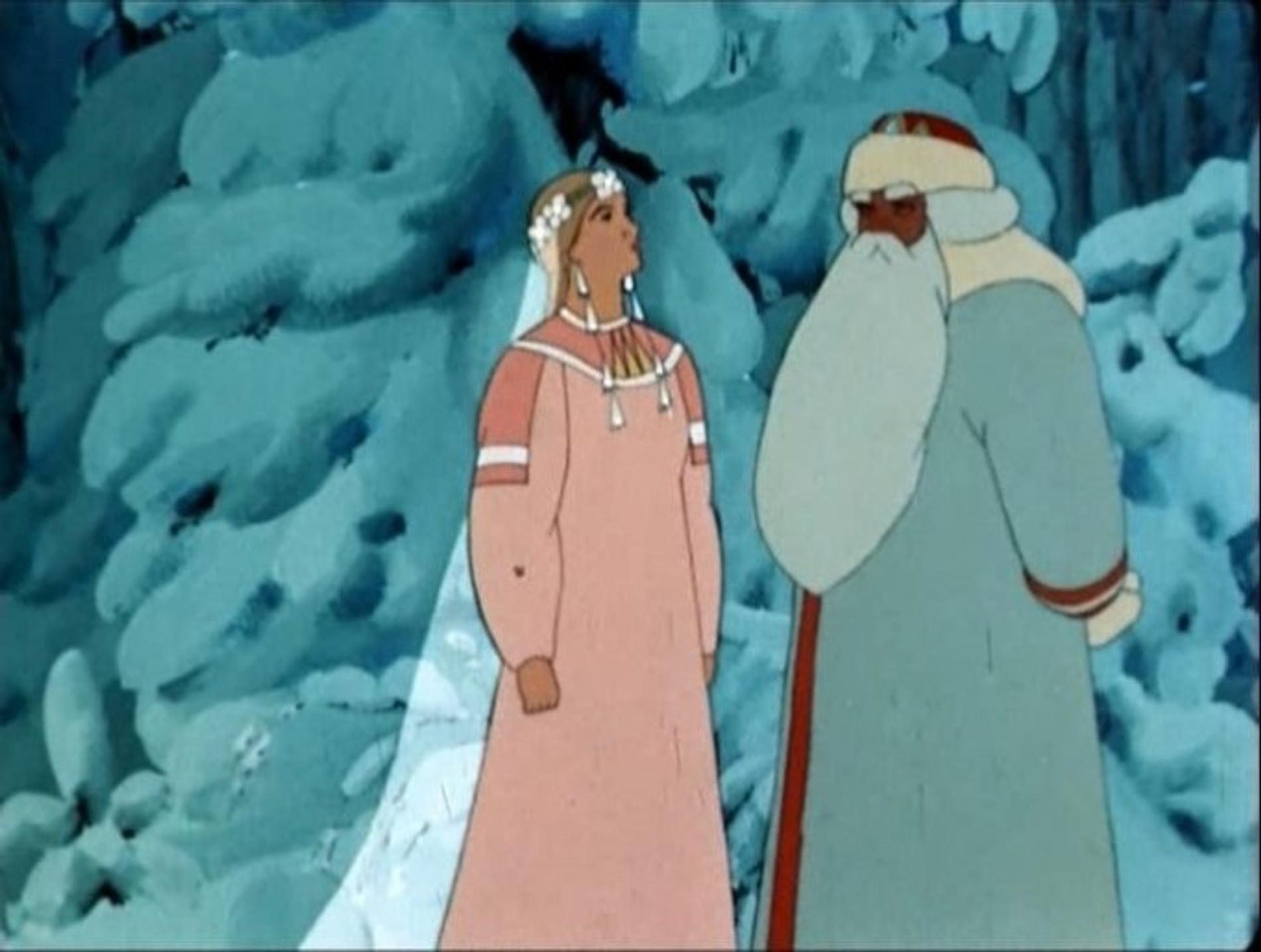 Предполагаемые родители Снегурочки — Весна-Красна и Дед Мороз, кадр из мультфильма 1952 года