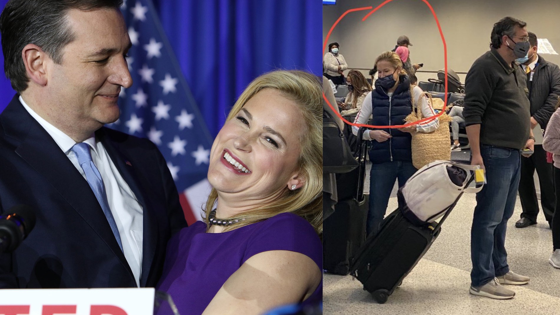 Сенатор Круз с женой Хайди, снимок из аэропорта. Фото: Getty Images / Twitter