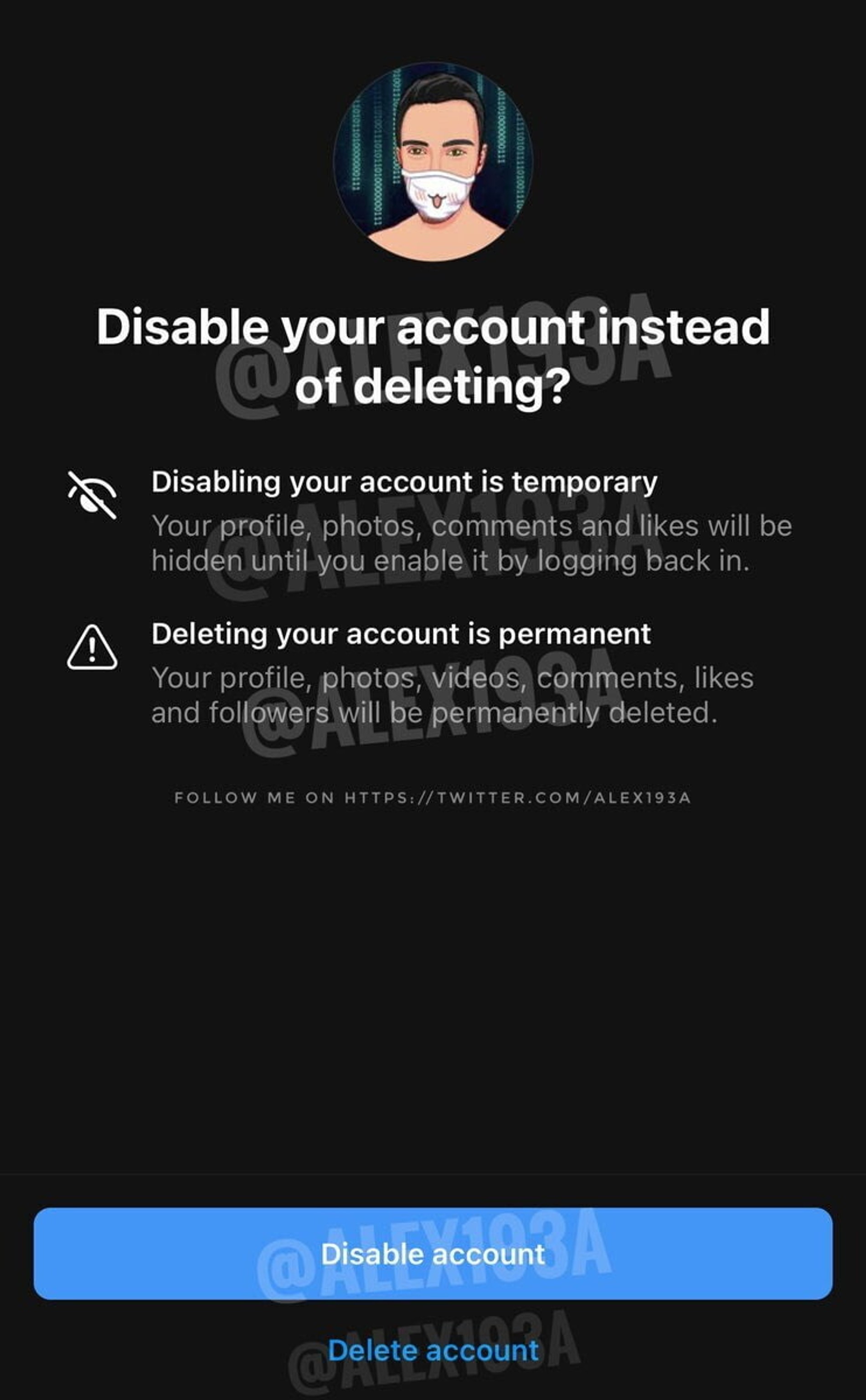 Возможность удалять аккаунт временно и навсегда через приложение