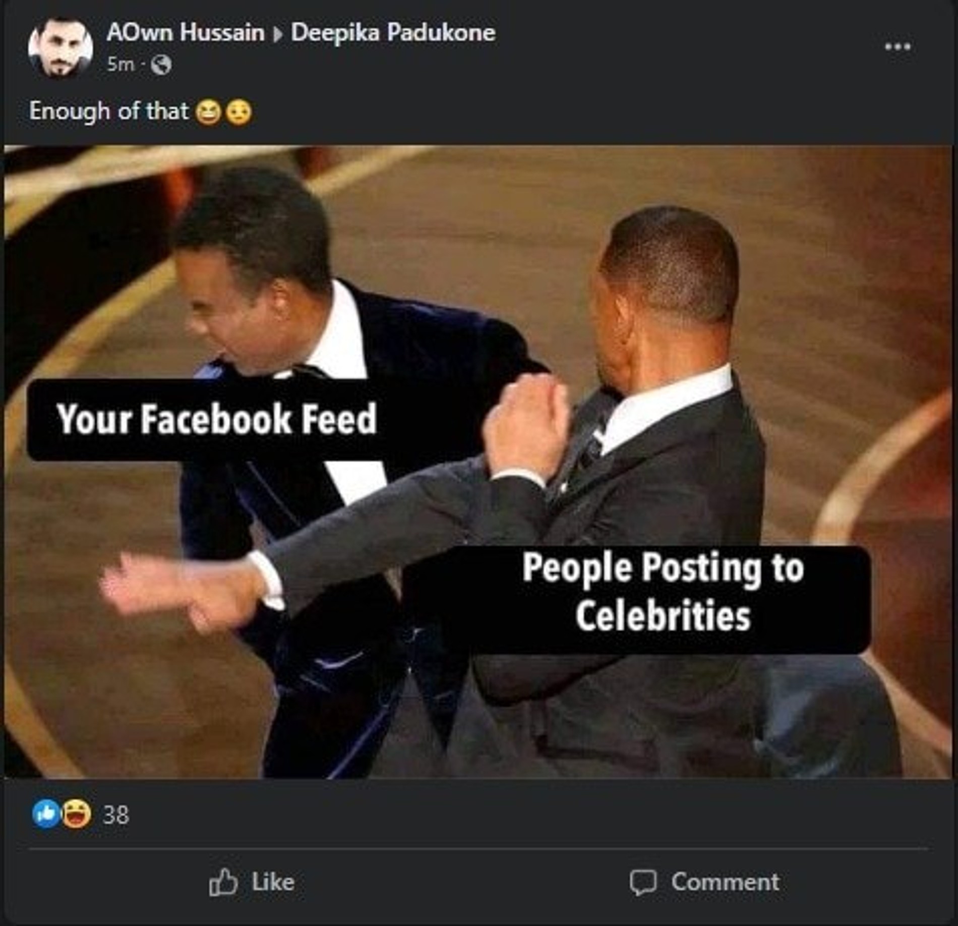 — Лента Фейсбука*
— Люди, которые публикуют посты от знаменитостей
Источник: Дипика Падуконе