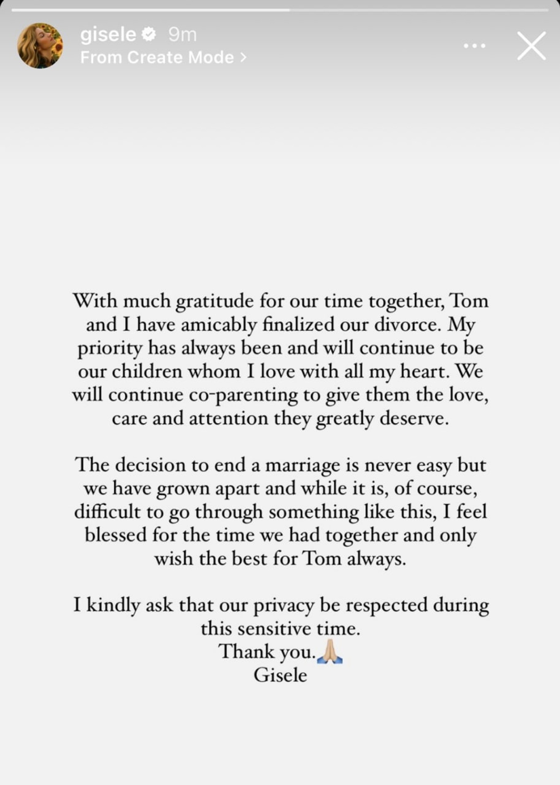 Официальное заявление Жизель
Фото: instagram