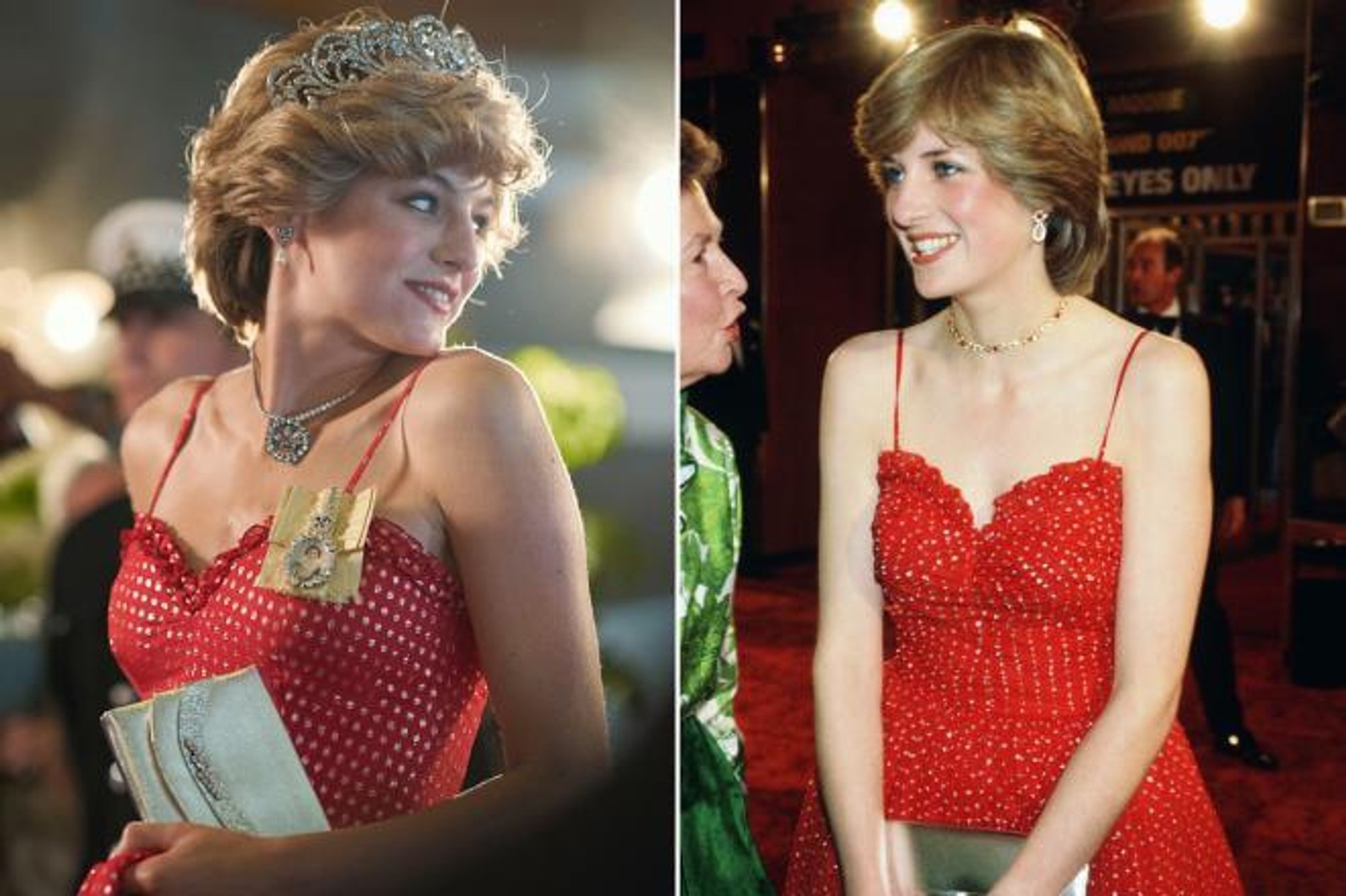 Эмма Коррин (слева) и принцесса Диана в красно-золотом шифоновом платье
Фото: Netflix
