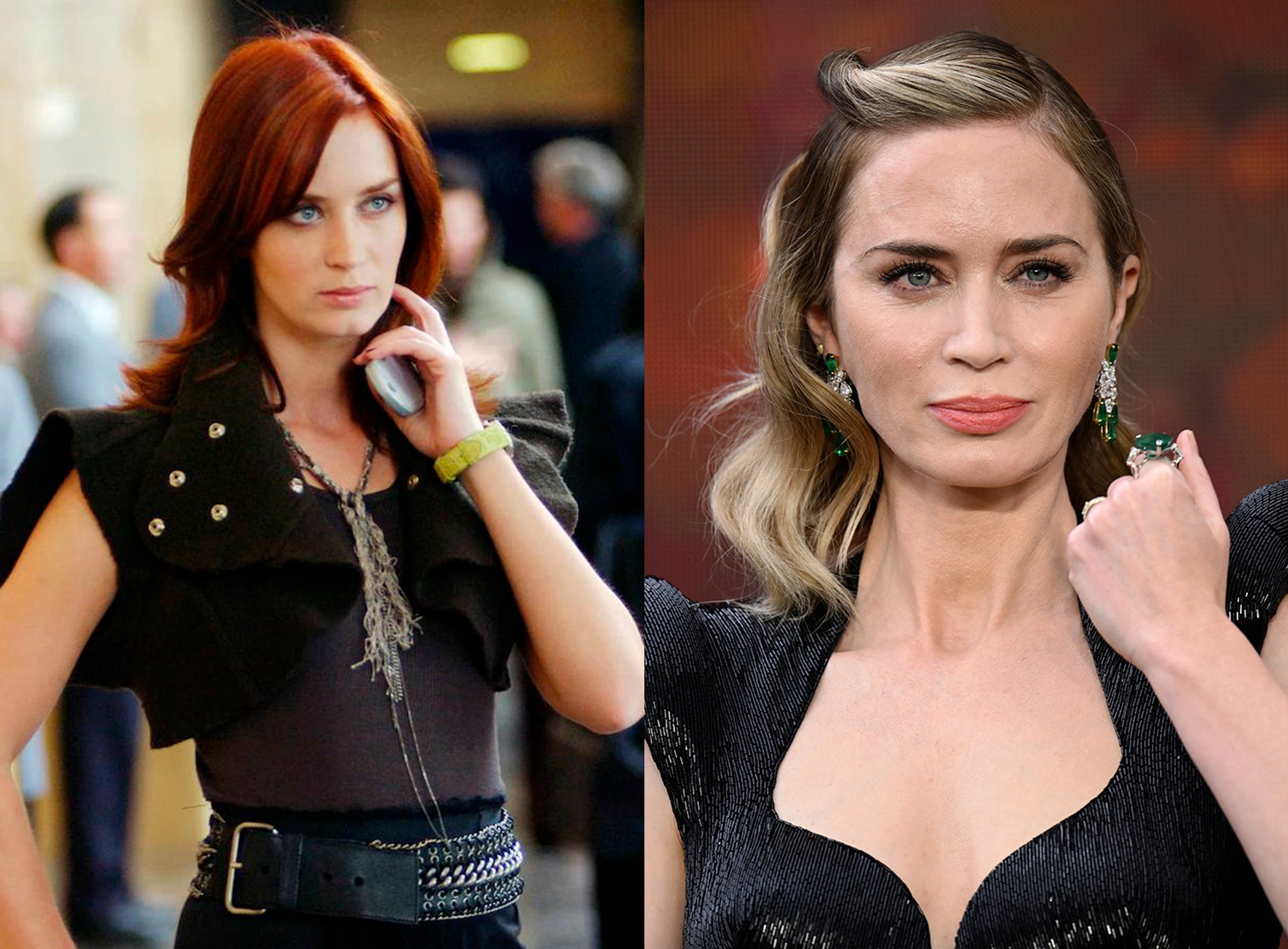 Эмили Блант в фильме «Дьявол носит Prada» в 2006 году и на премьере фильма «Оппенгеймер». Фото: Getty Images