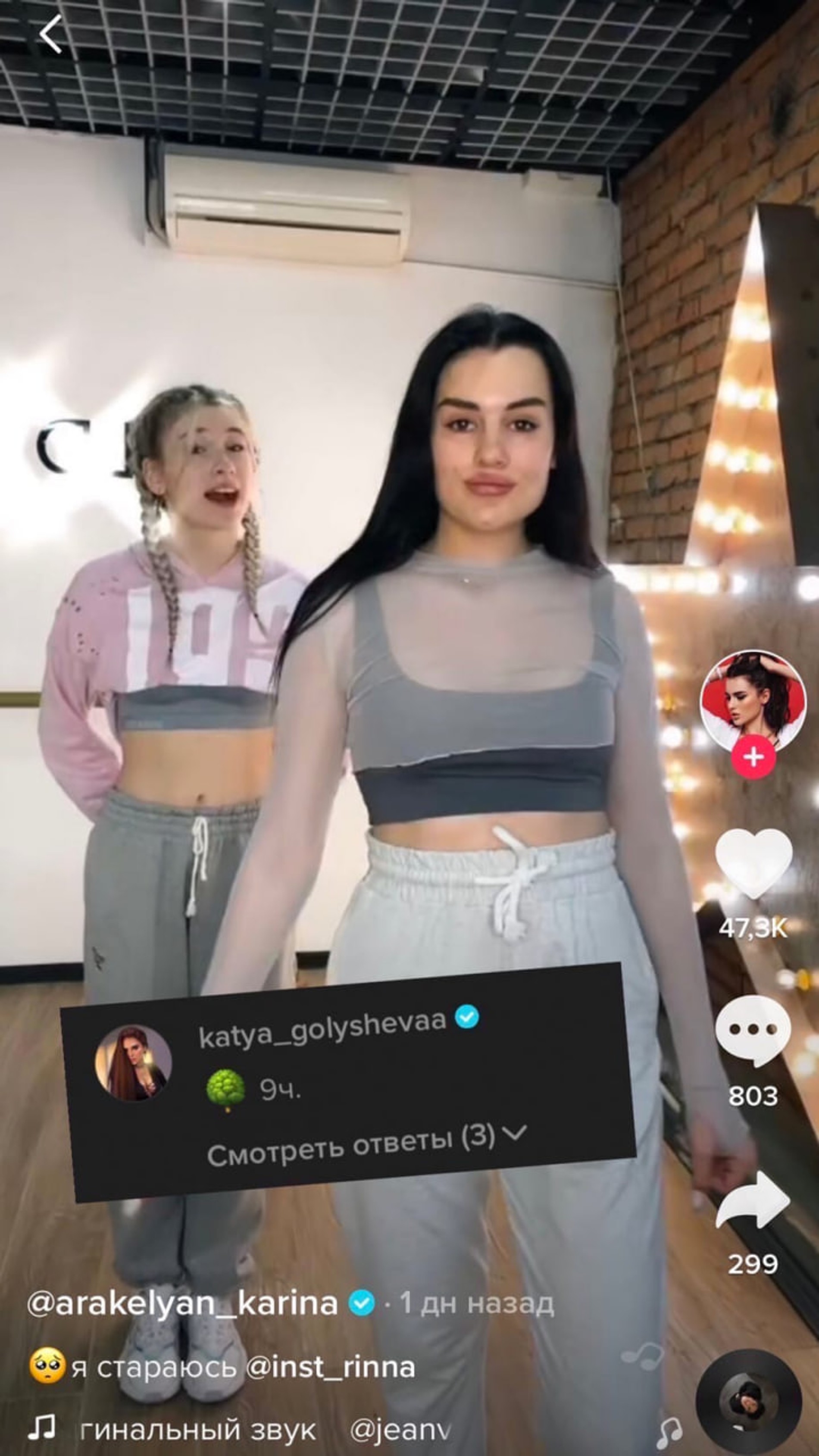 Карина Аракелян и комментарий Кати Голышевой. Фото: соцсети