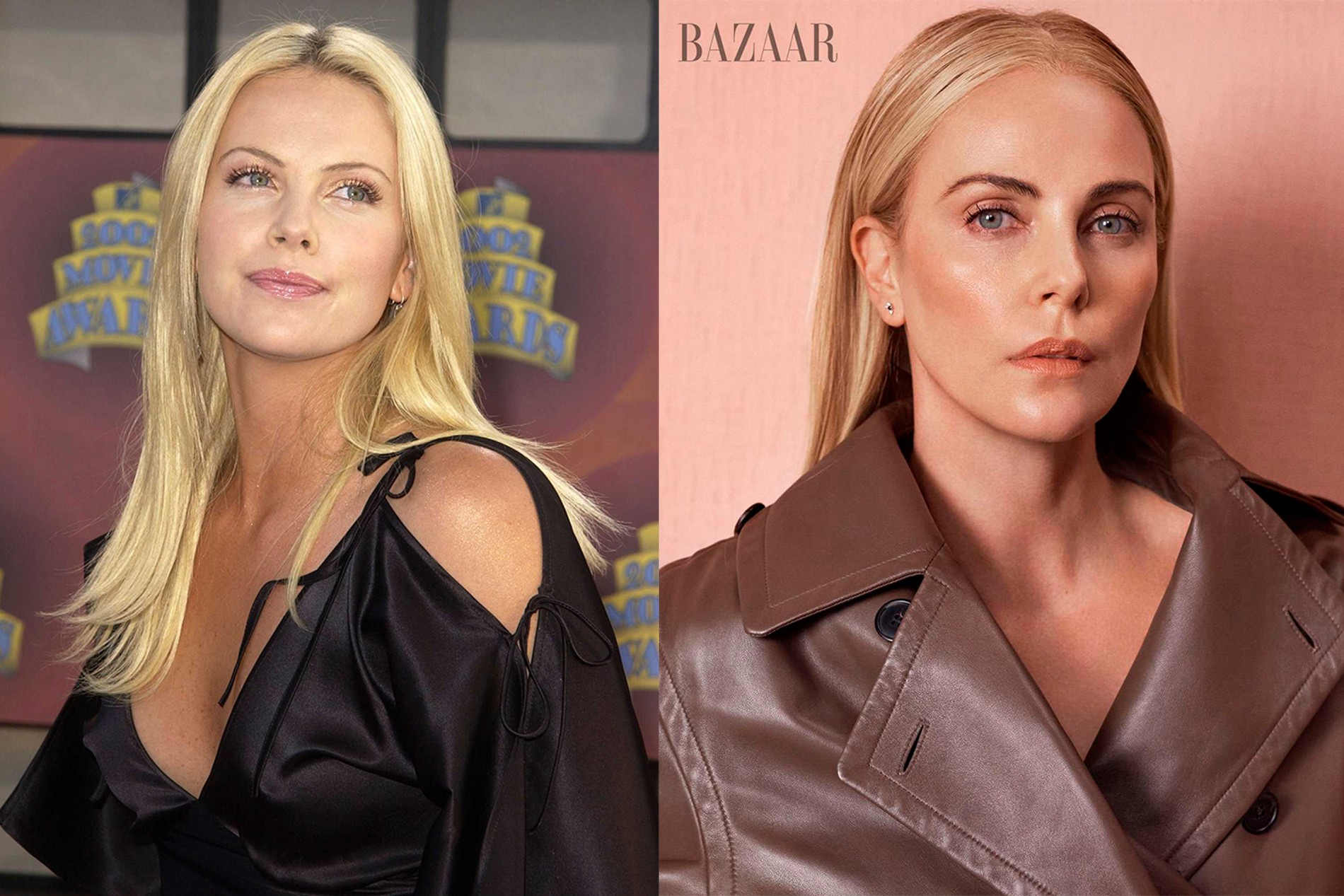 Шарлиз Терон в 2002 и 2022 году. Фото: Getty Images / Harper's Bazaar