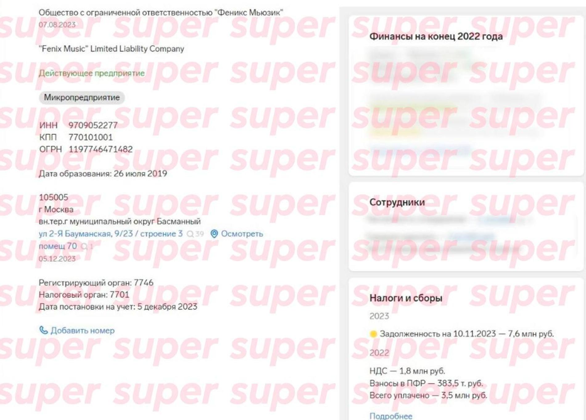 Информация о налоговой задолженности компании на ноябрь 2023 года. Фото предоставлено Super пресс-службой лейбла Fenix Music