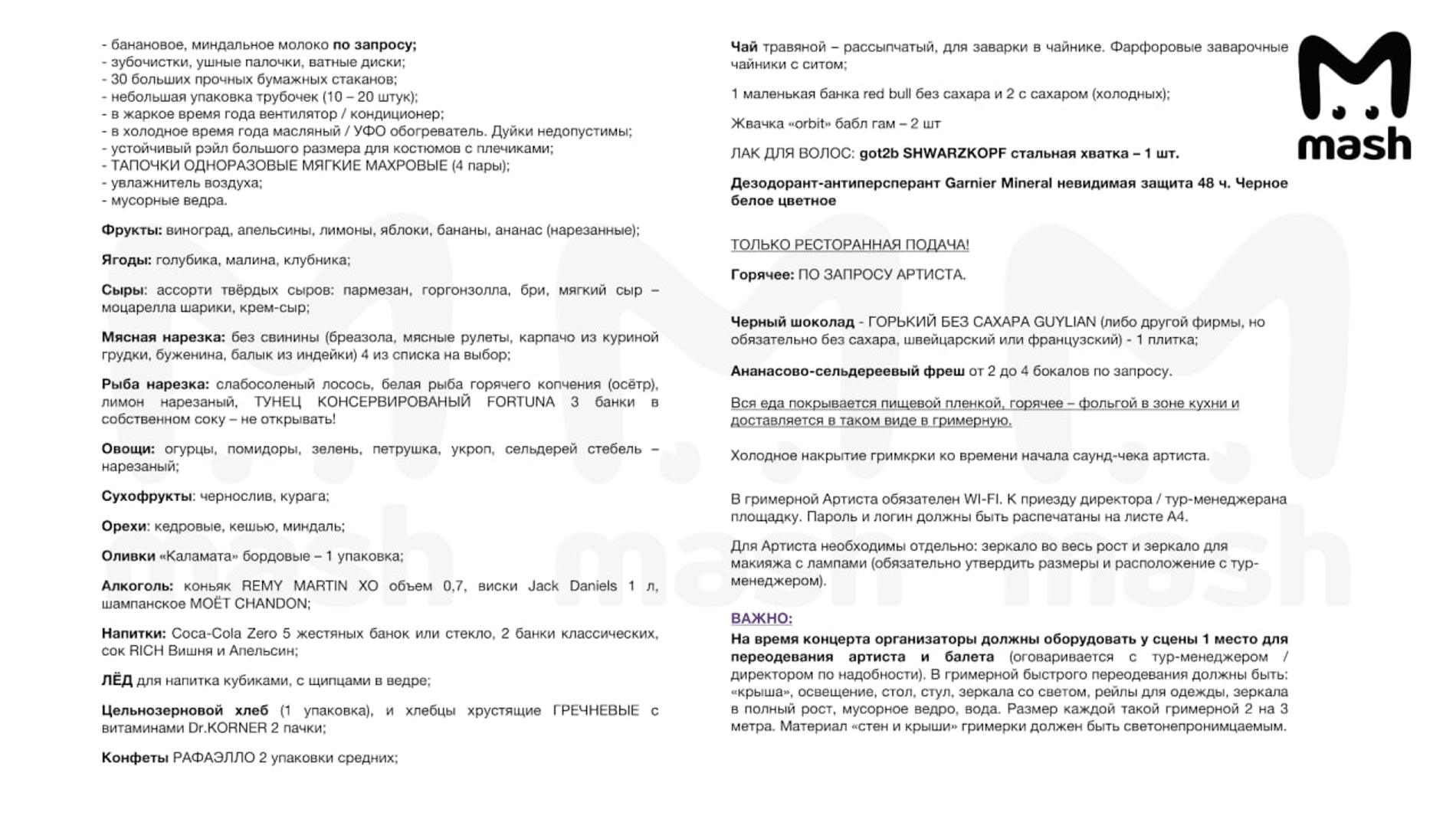 Концертный райдер Анны Асти. Фото: телеграм-канал Mash