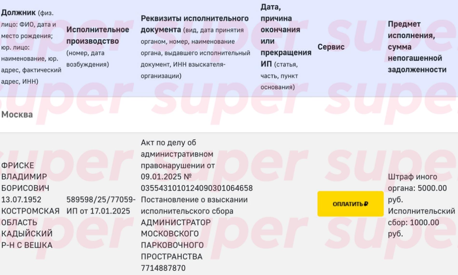 Долги Владимира Фриске. Фото: ФССП